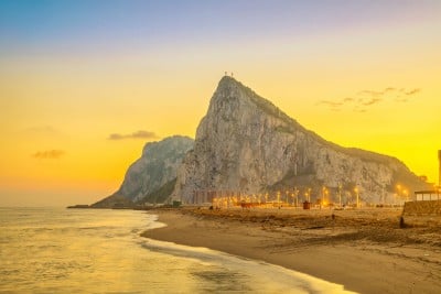 A view of the rock of Gibraltar at sunset