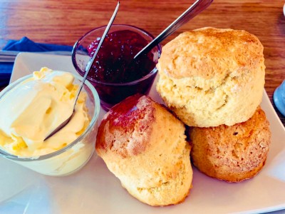 Traditional West Country cream tea - here there are three scones, plus jam and clotted cream