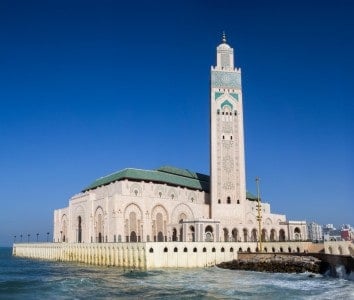 An image of the mosque in Casablanca at the side of the water - you could day trip here during your 3 days in Marrakech