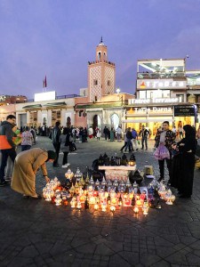 Part of the market in the Jemaa el-Fna at night - here there is a selection of lanterns on the floor