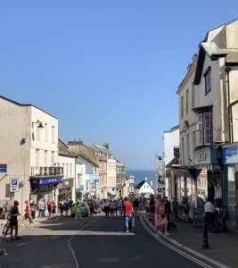 One of the main streets in Lyme Regis with shops