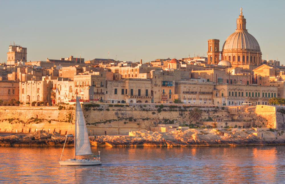 The dome of the Basilica of Our Lady of Mount Carmel from the harbour in Valletta Malta
