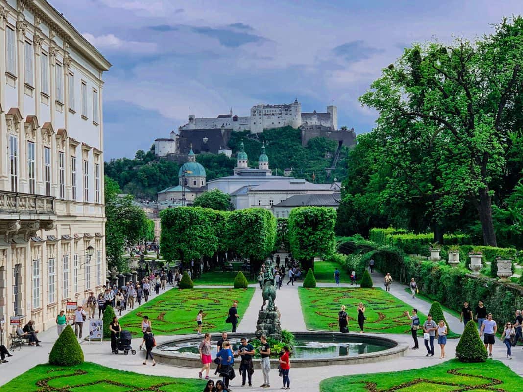 The Mirabell Gardens in Salzburg with the fortress in the background