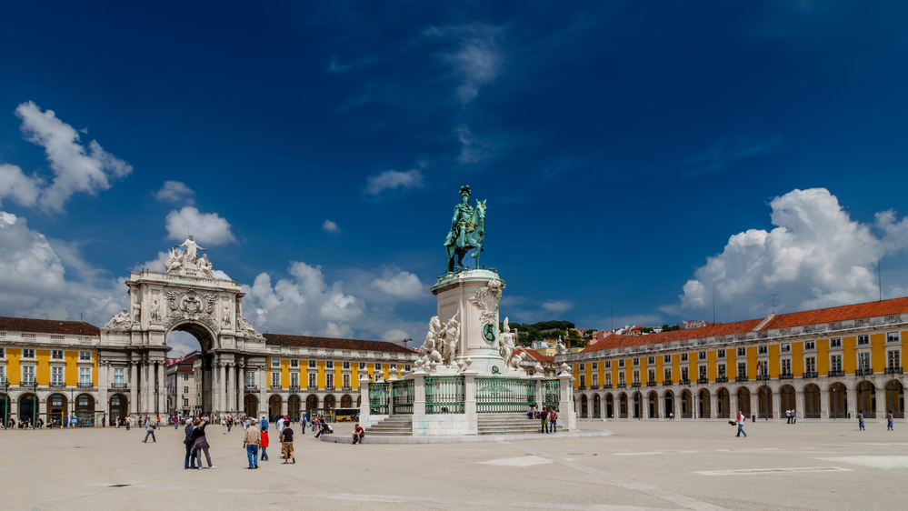 Praca do Comercio Square in Lisbon with its archway and statue in the middle