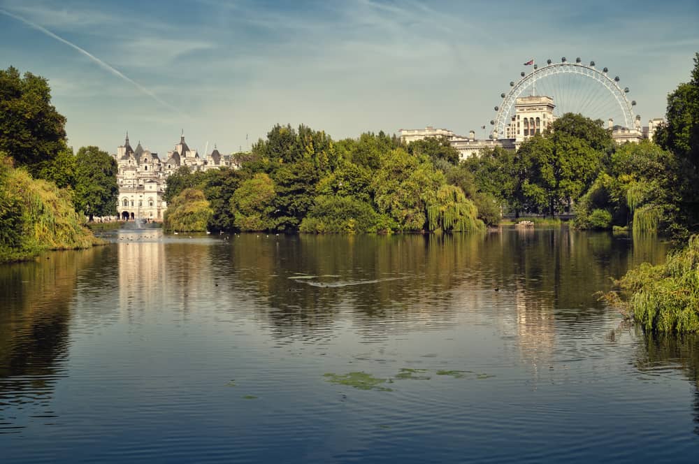 St. James's Park lake with Horse Guards Parade and the London Eye 