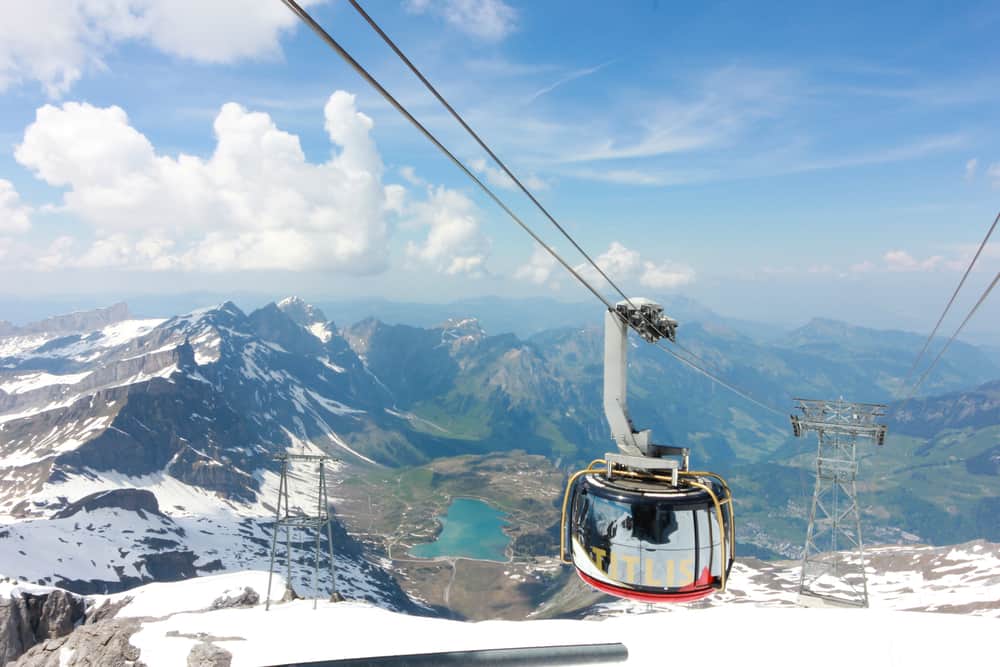 A Mount Titlis cable car with stunning mountain scenery all around