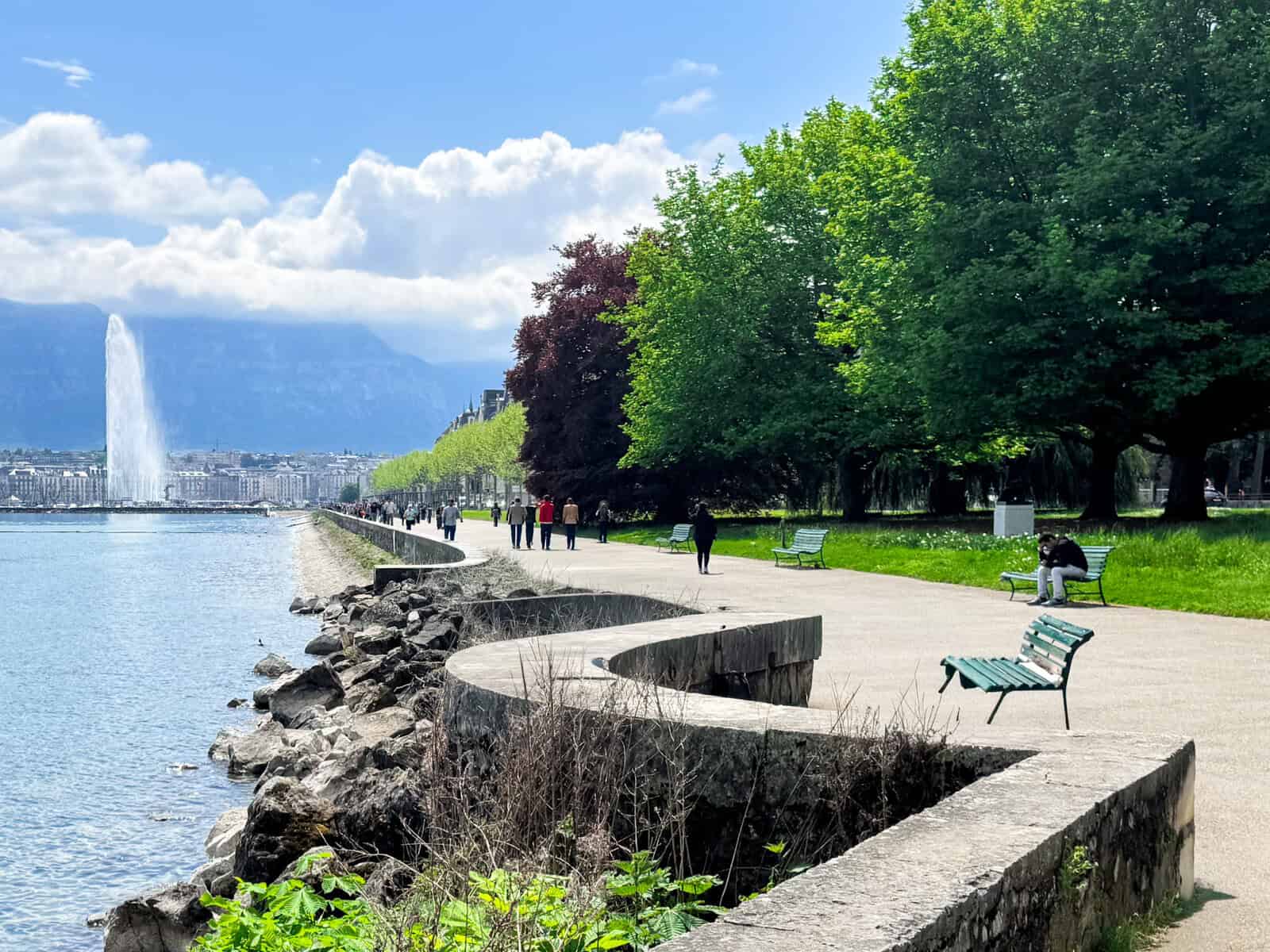 Part of the promenade along the lake in Geneva with the Jet D'Eau visible in the background