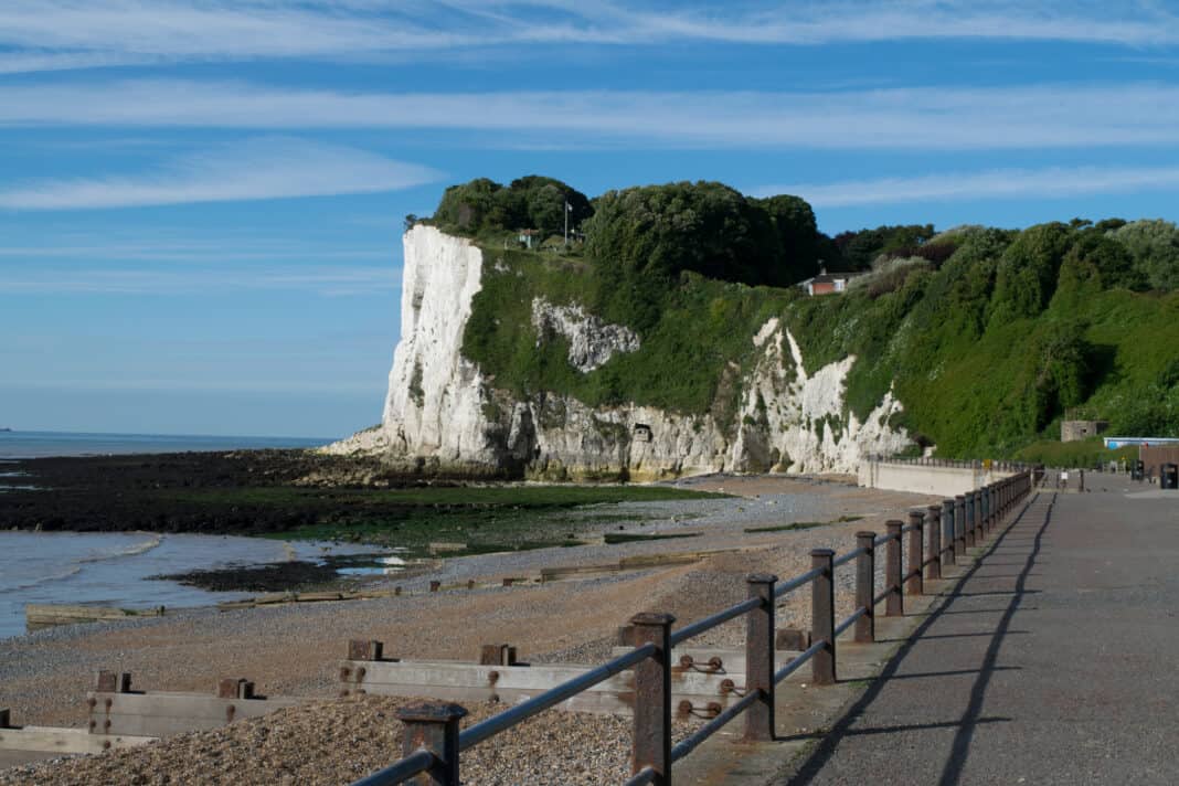 St. Margaret's Bay, Dover with its shingle beach overlooked by white cliffs and a pathway along the side