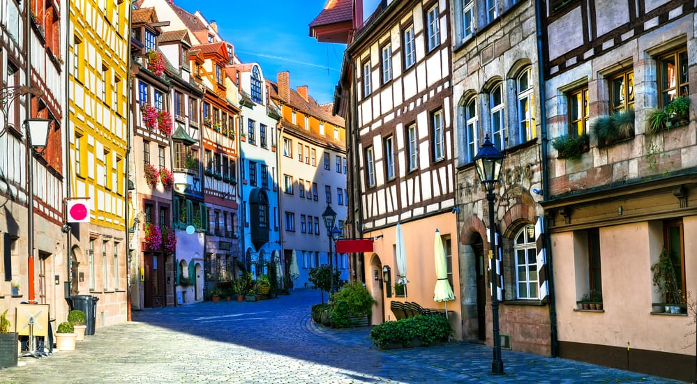 Some of the colourful half-timbered houses in the old town in Nuremberg