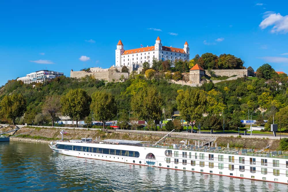 A cruise boat on the Danube under Bratislava Castle