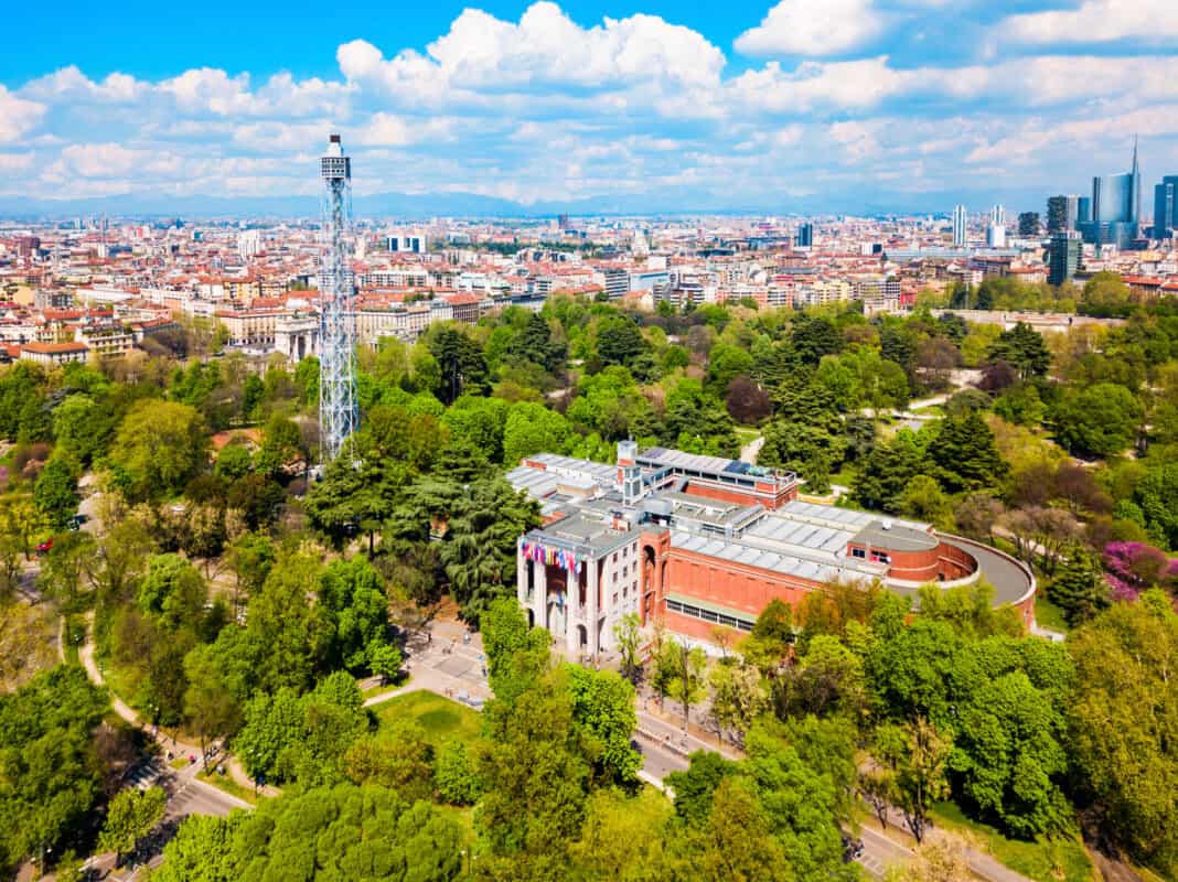 An image of the Torre Branca and Triennale di Milano museum from above