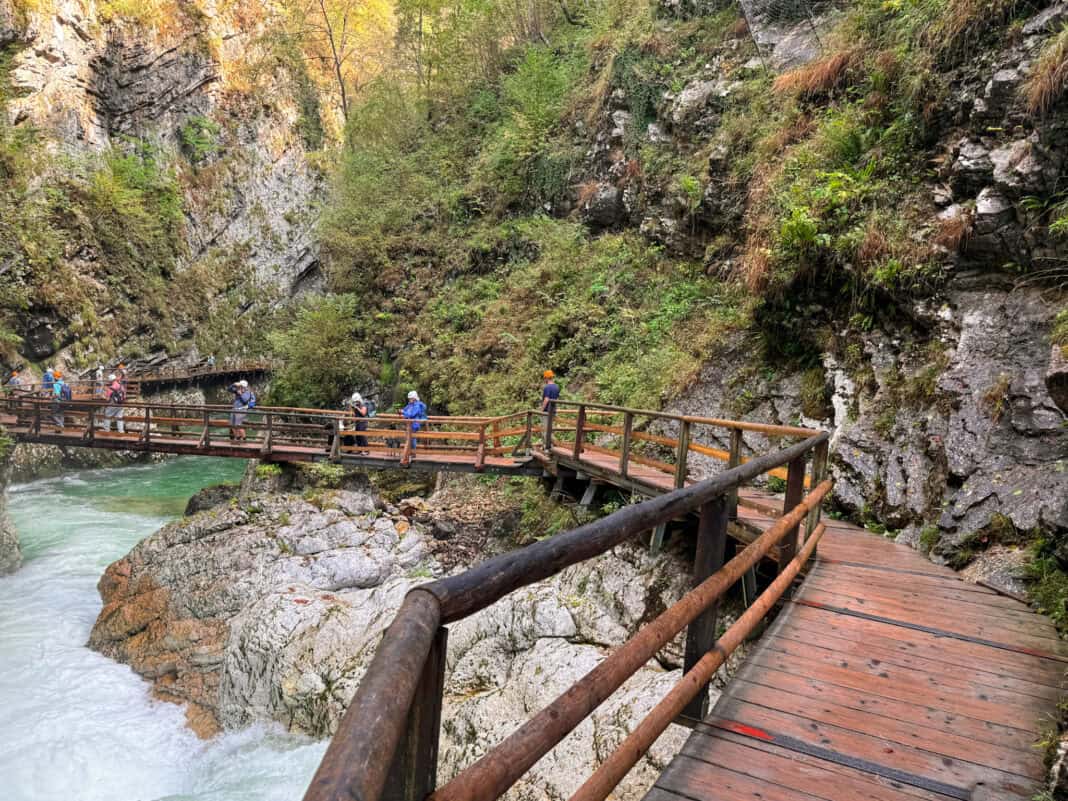 Part of the Vintgar Gorge with the wooden pathway along the side