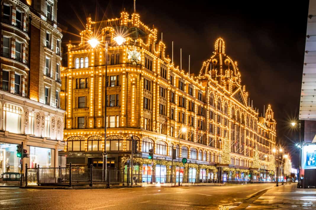 Harrods lit up at night
