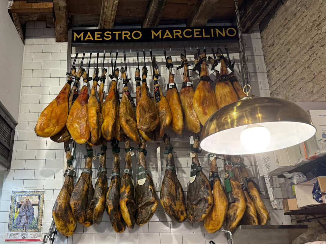 Hams hanging down behind the bar counter in a bar in Seville